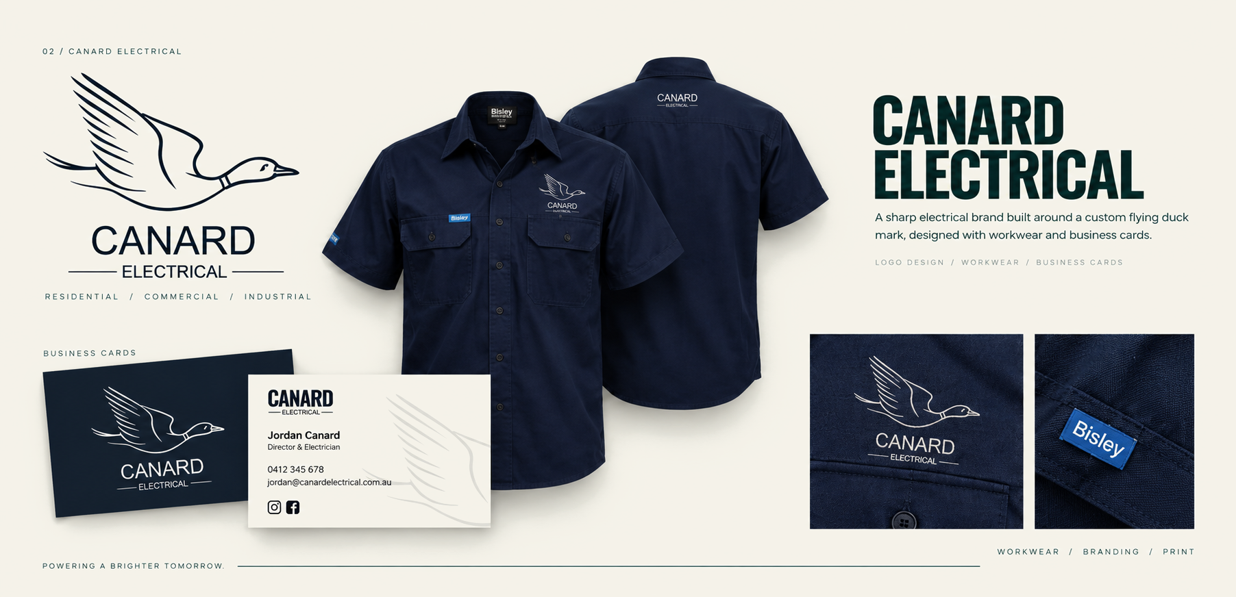 Canard Electrical branding project featuring workwear, logo system and business cards