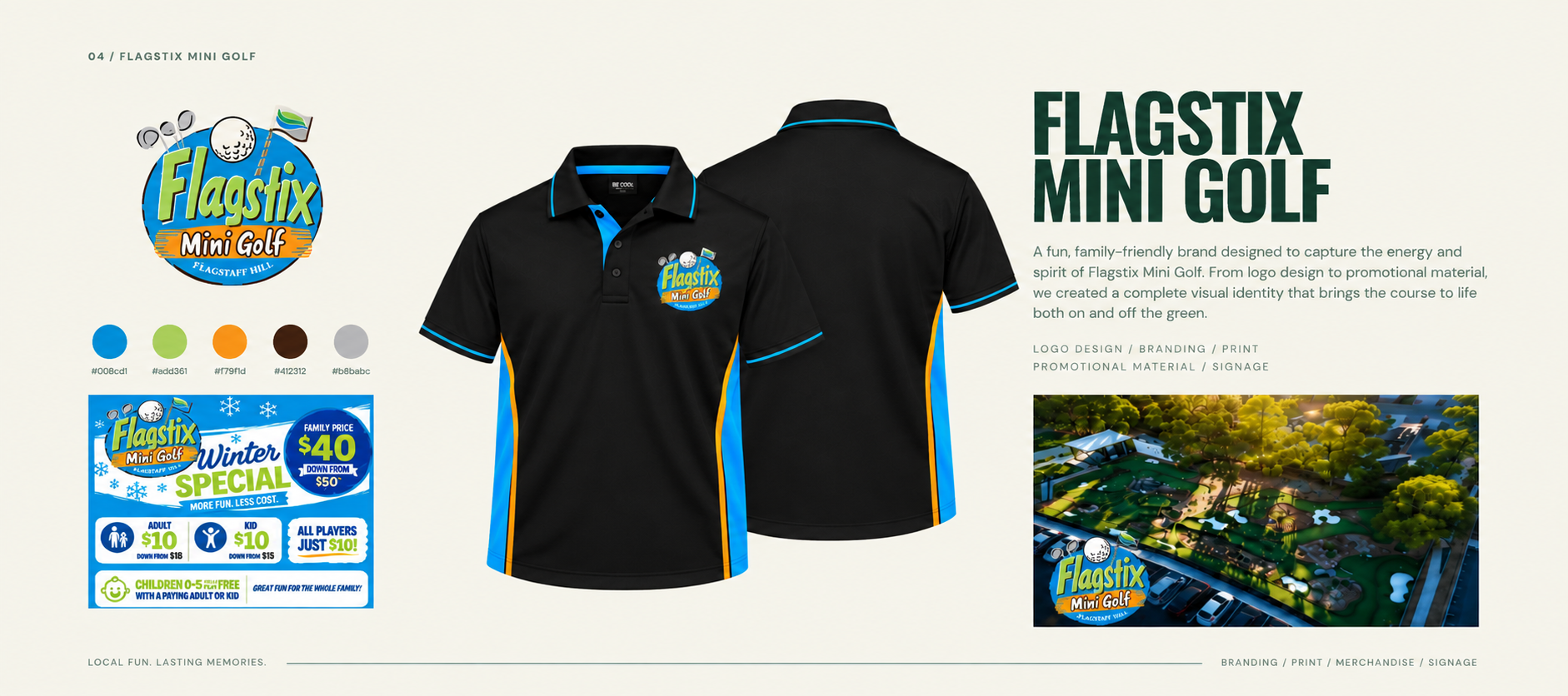 Flagstix Mini Golf branding project featuring logo, colour palette, promotional flyer, branded polos and course artwork