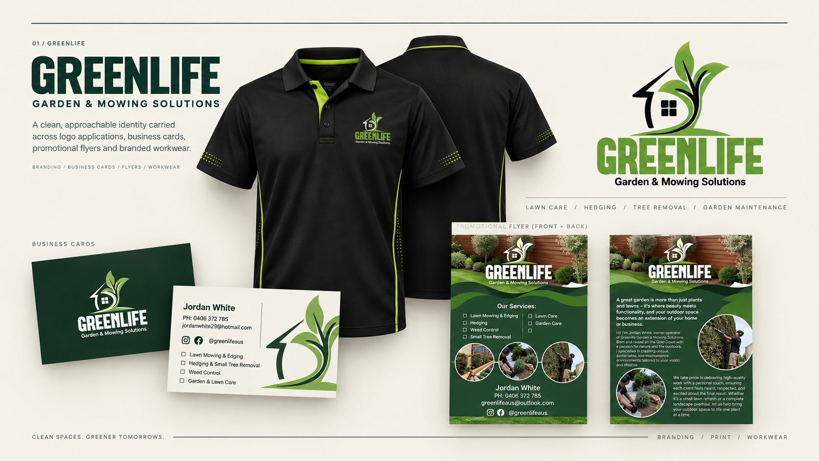 Greenlife branding project featuring branded workwear, business cards and promotional flyers