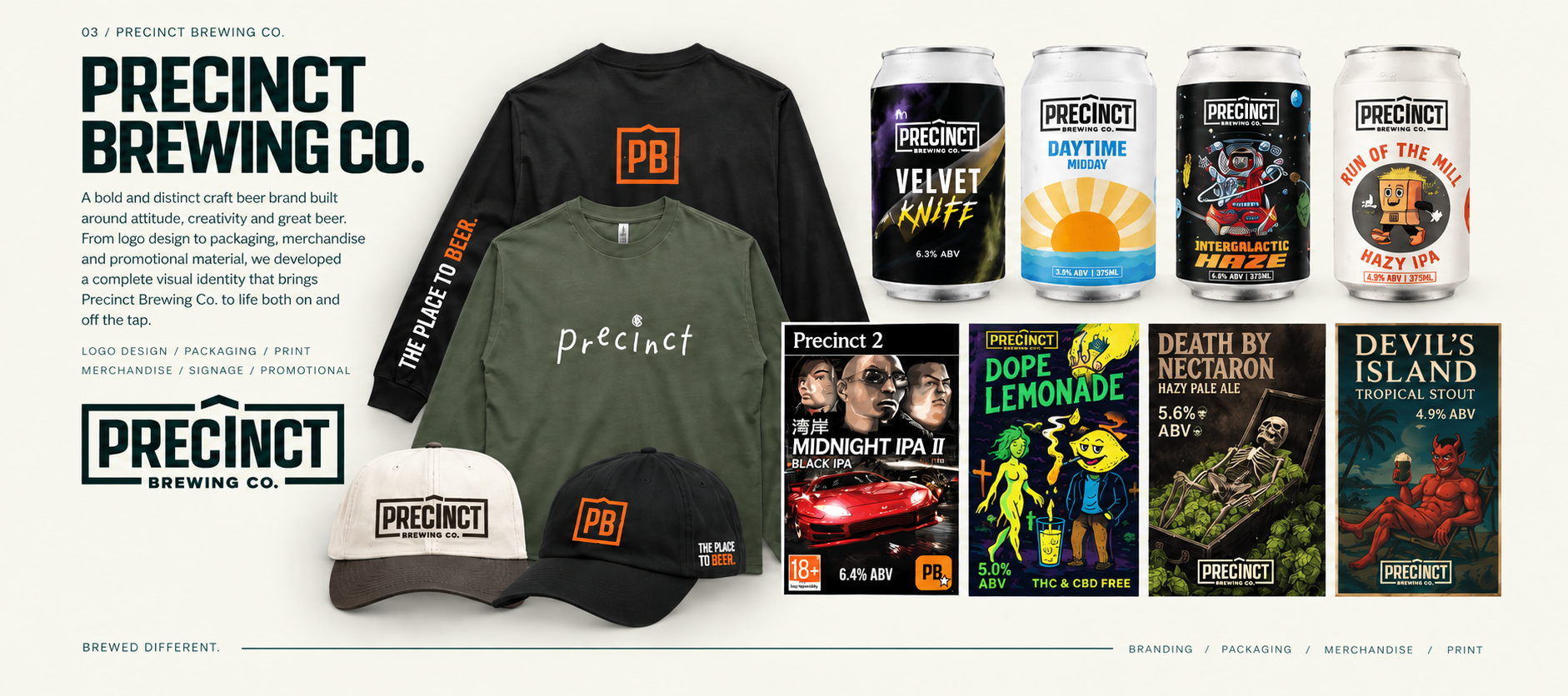 Precinct Brewing Co. branding project featuring apparel, beer packaging and promotional artwork